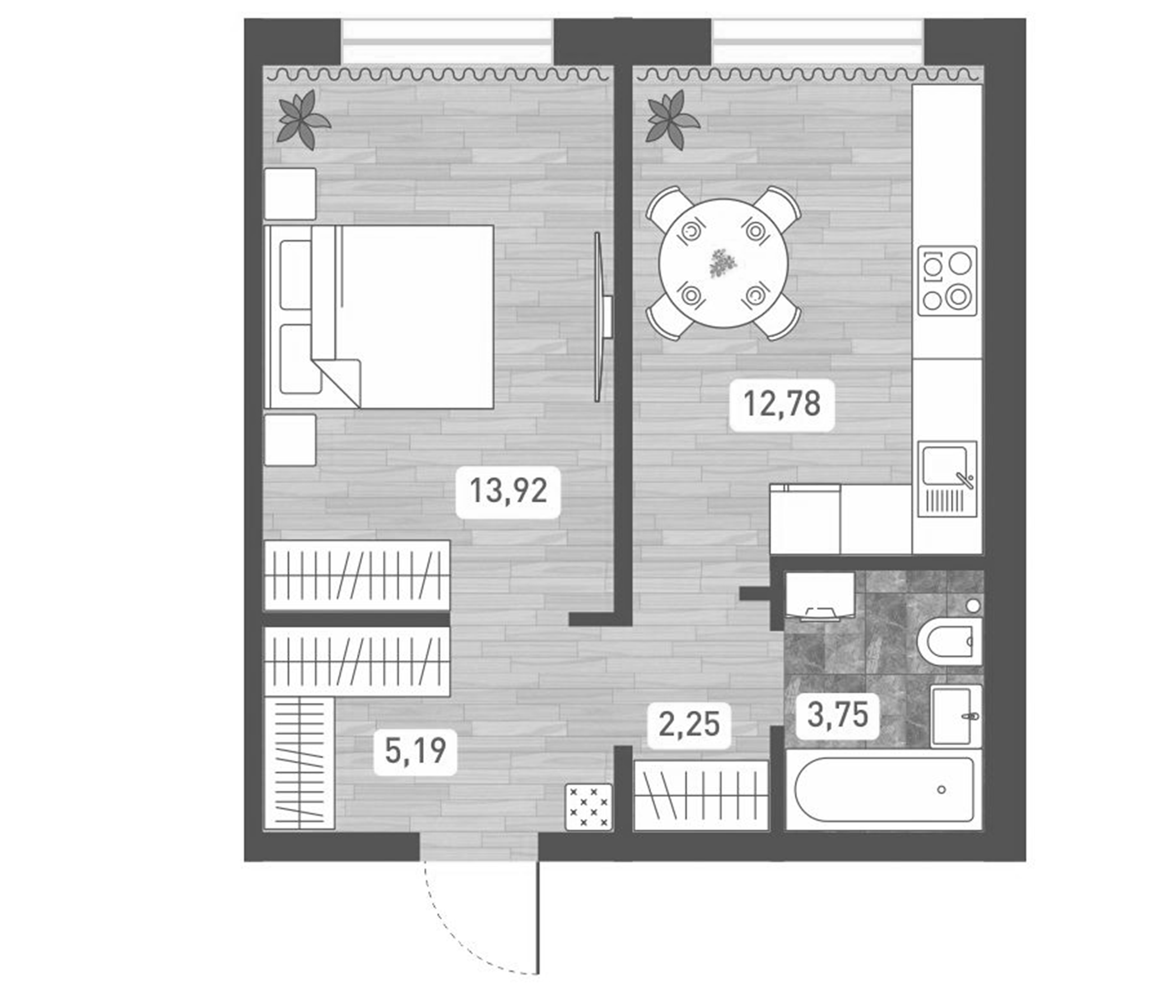 Планировка — Радуга Сибири, 1-комн., 38 м²
