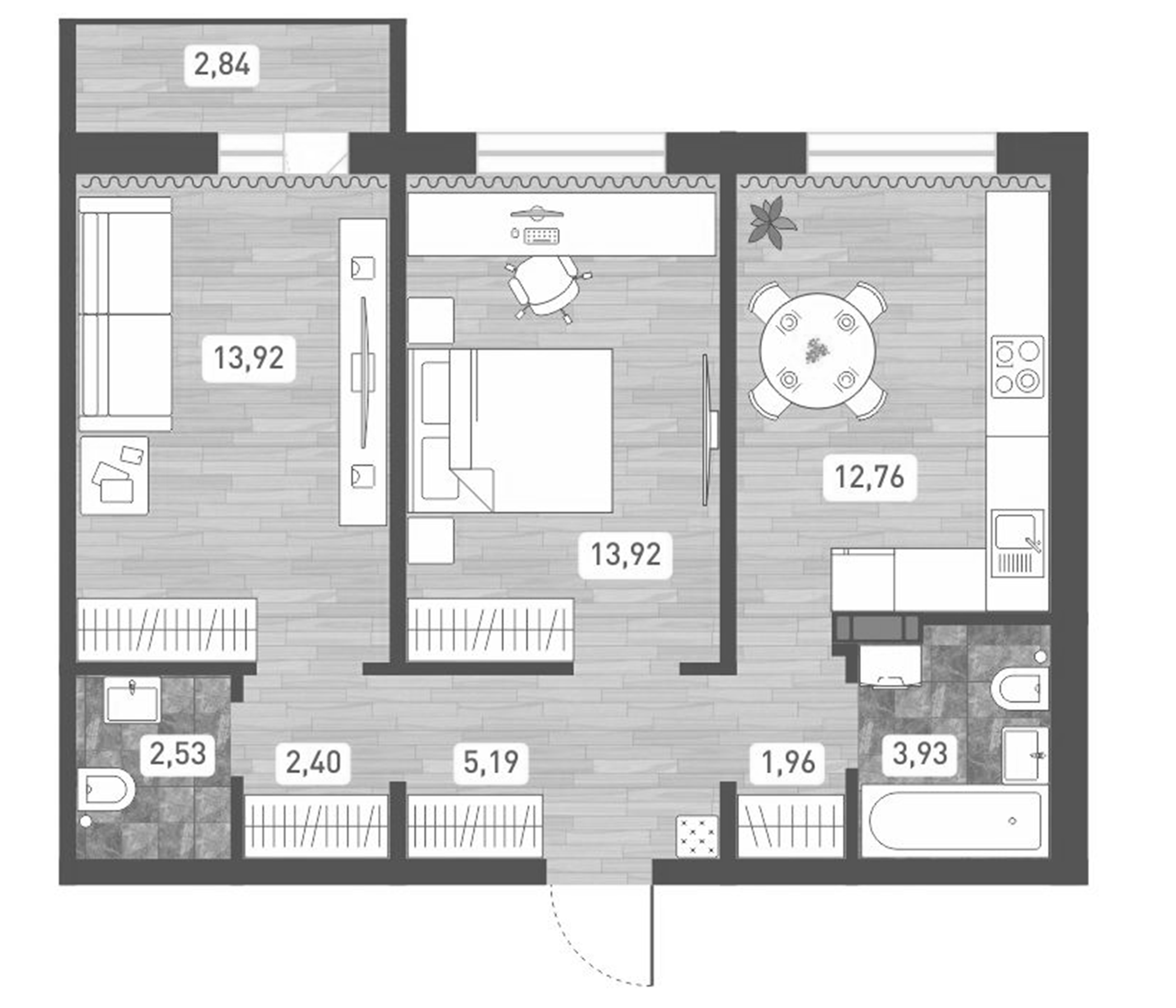 Планировка — Радуга Сибири, 2-комн., 57 м²