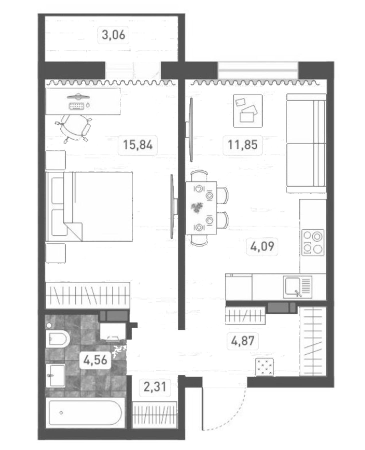 Планировка — Радуга Сибири, 2-комн., 44 м²