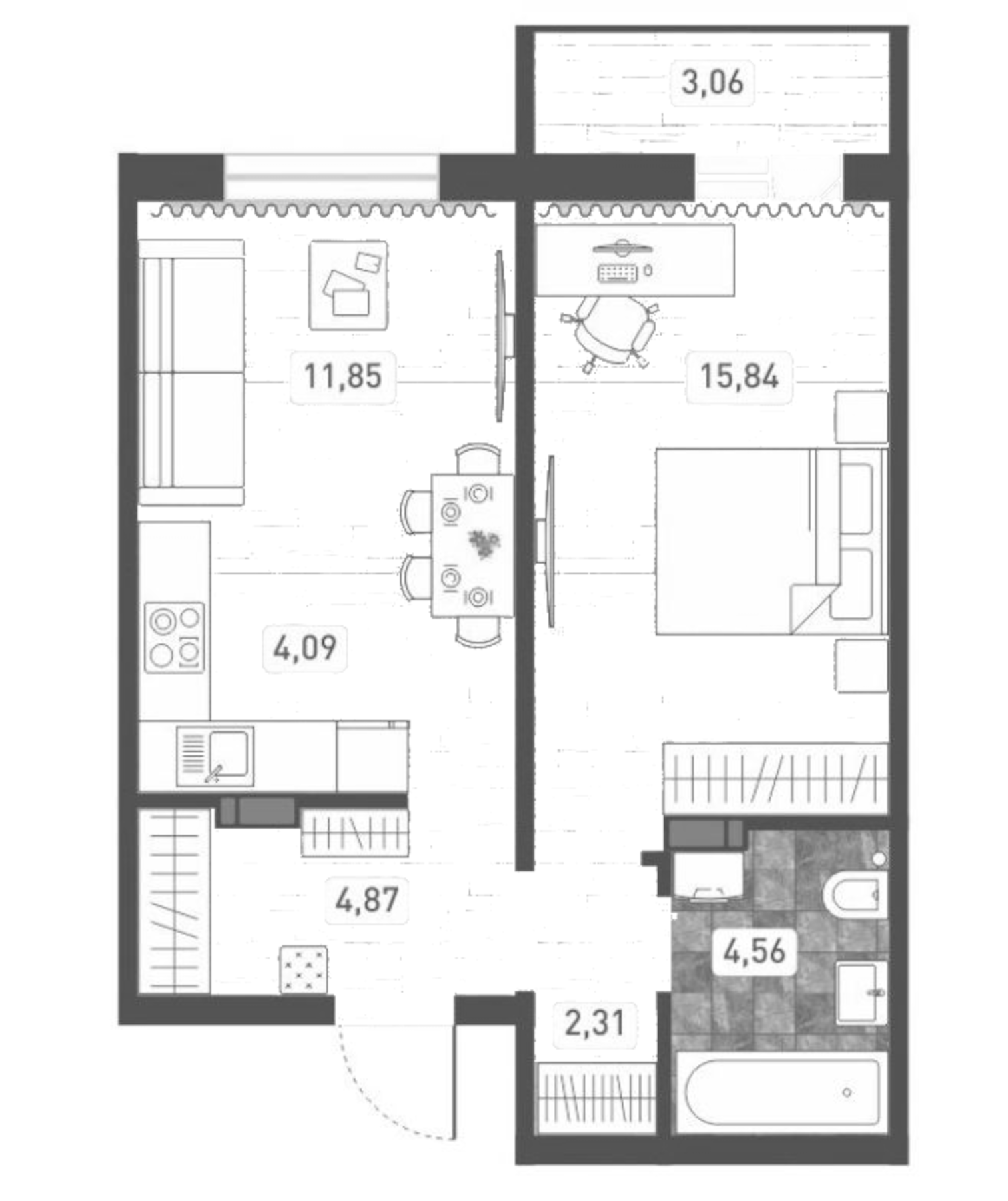 Планировка — Радуга Сибири, 2-комн., 44 м²