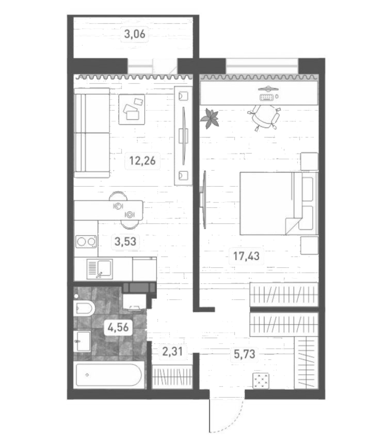 Планировка — Радуга Сибири, 2-комн., 46 м²