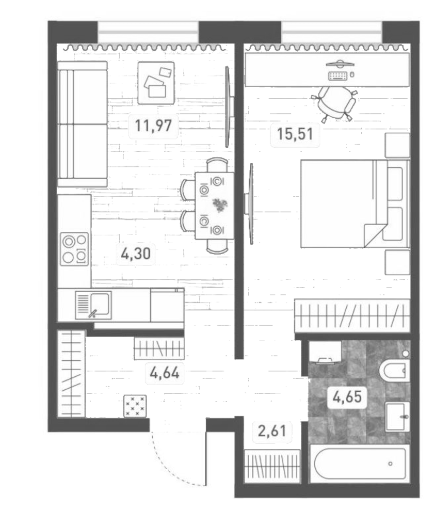 Планировка — Радуга Сибири, 2-комн., 44 м²