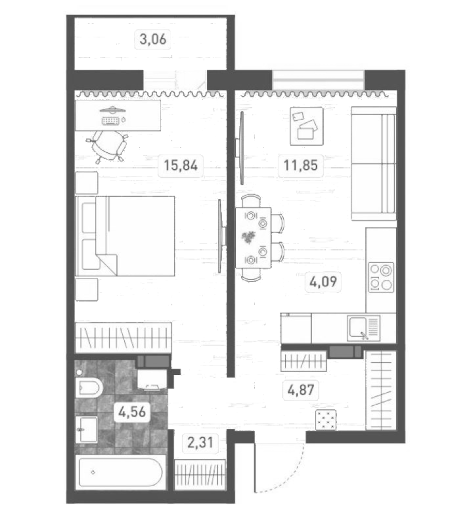 Планировка — Радуга Сибири, 2-комн., 44 м²