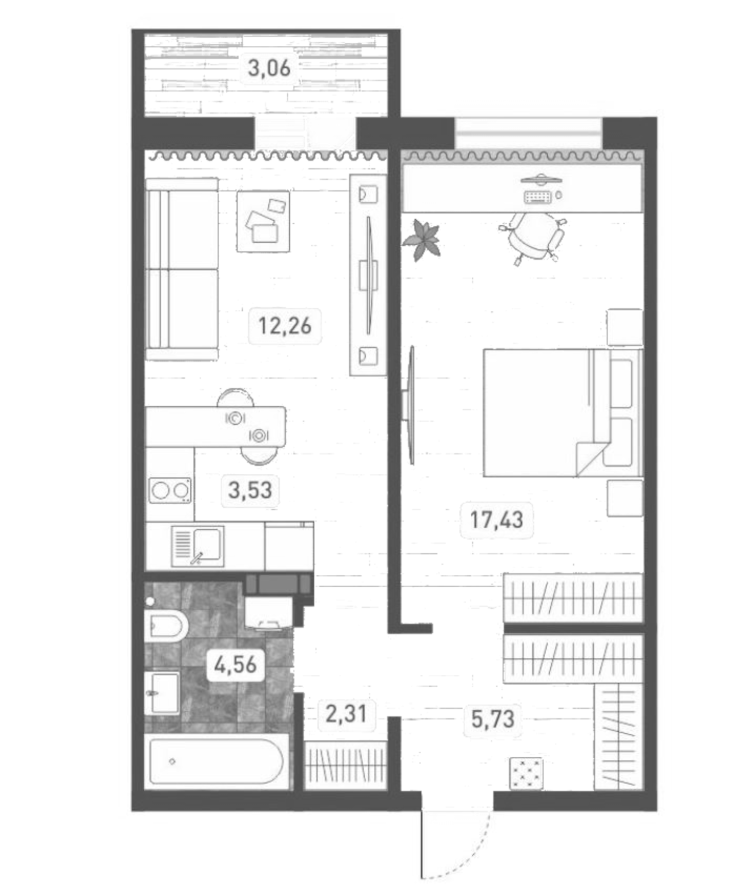 Планировка — Радуга Сибири, 2-комн., 46 м²