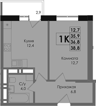 Планировка — Academia, 1-комн., 36 м²