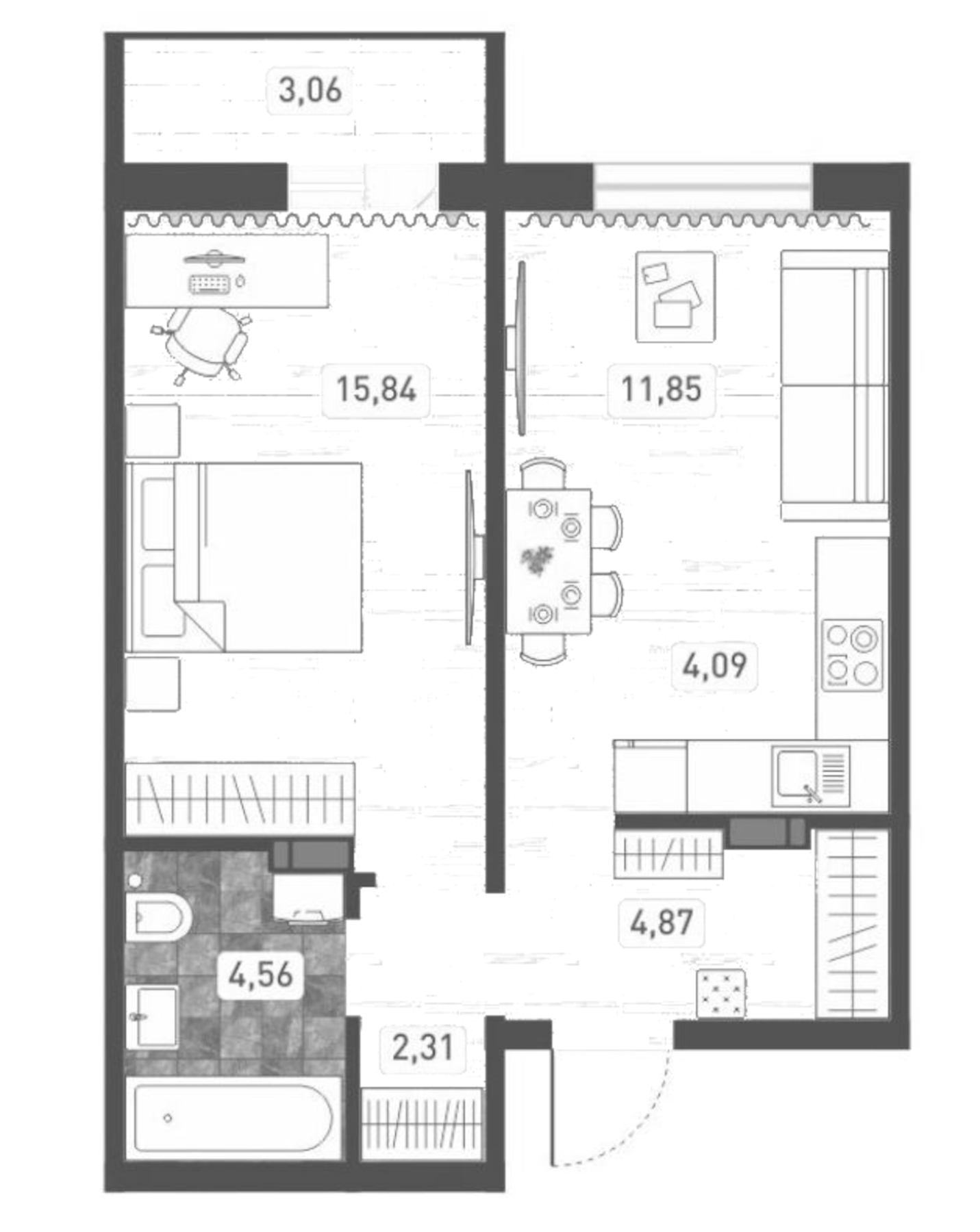 Планировка — Радуга Сибири, 2-комн., 44 м²