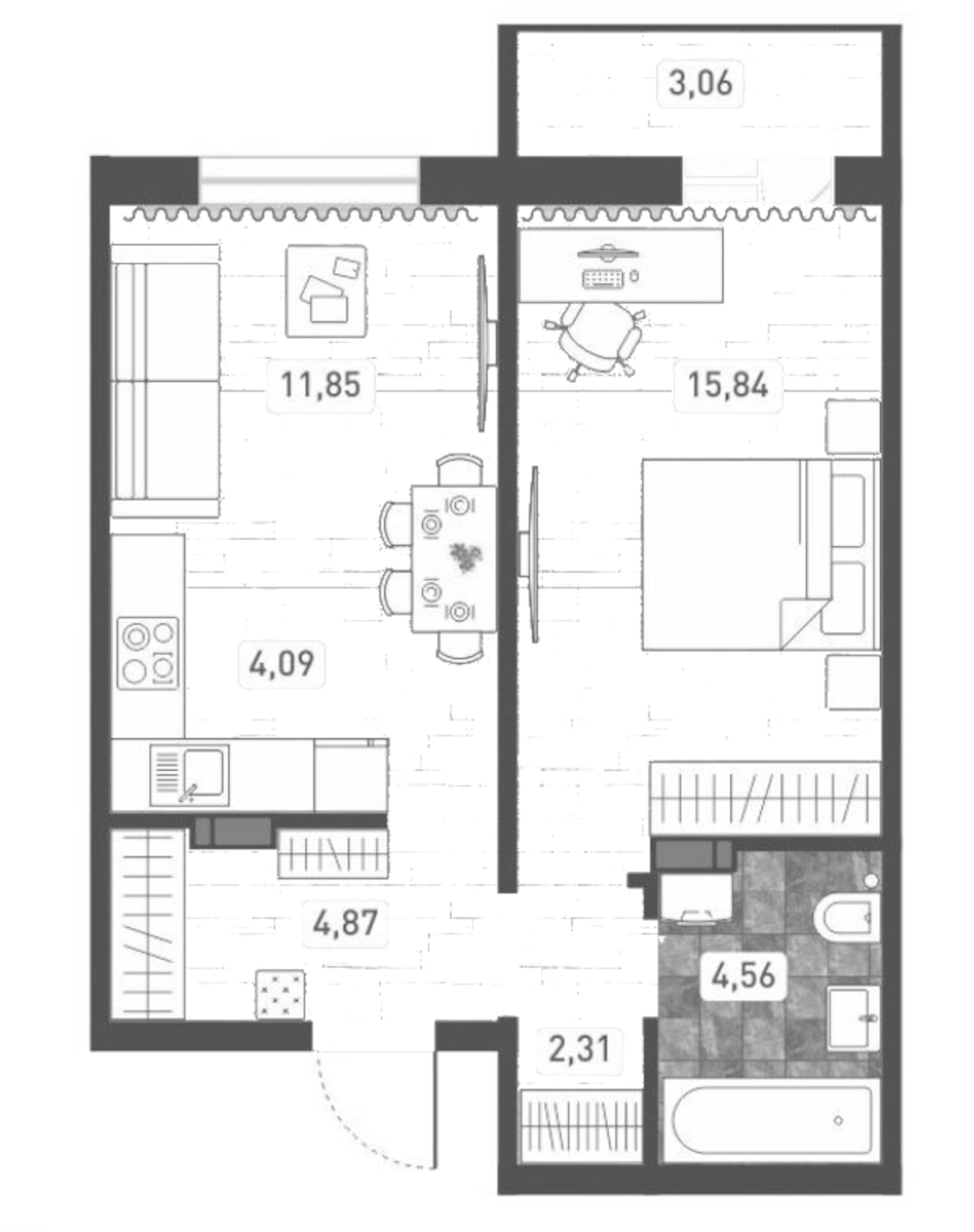 Планировка — Радуга Сибири, 2-комн., 44 м²