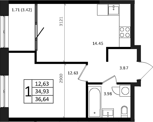 Планировка — Патрики, 2-комн., 35 м²