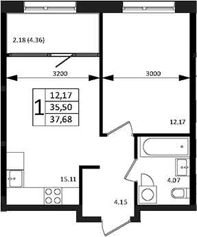 Планировка — Патрики, 2-комн., 36 м²