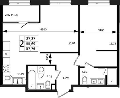 Планировка — Патрики, 2-комн., 56 м²