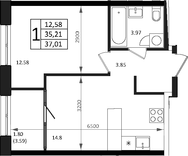 Планировка — Патрики, 2-комн., 35 м²