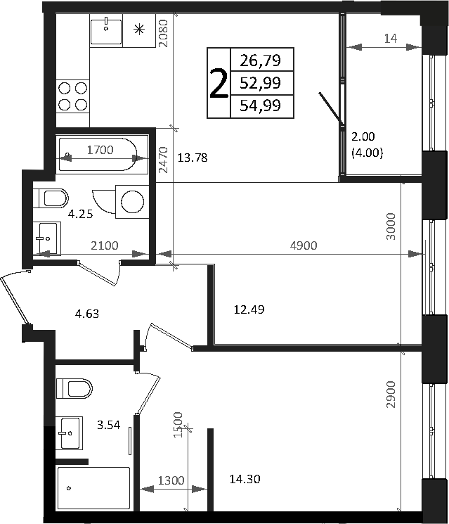 Планировка — Патрики, 2-комн., 53 м²