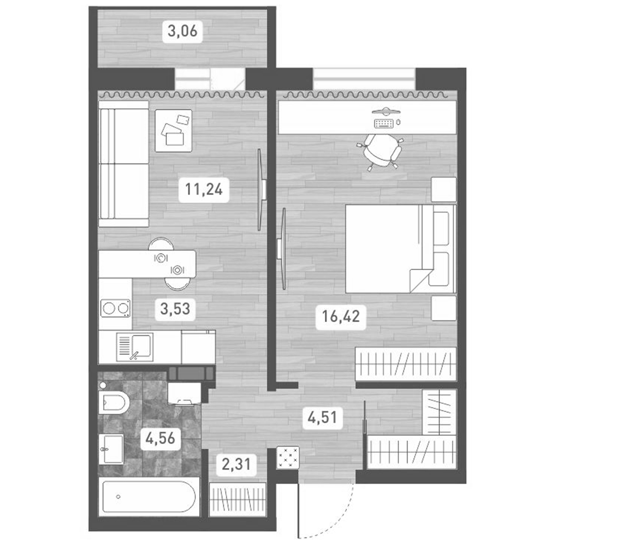 Планировка — Радуга Сибири, 2-комн., 43 м²