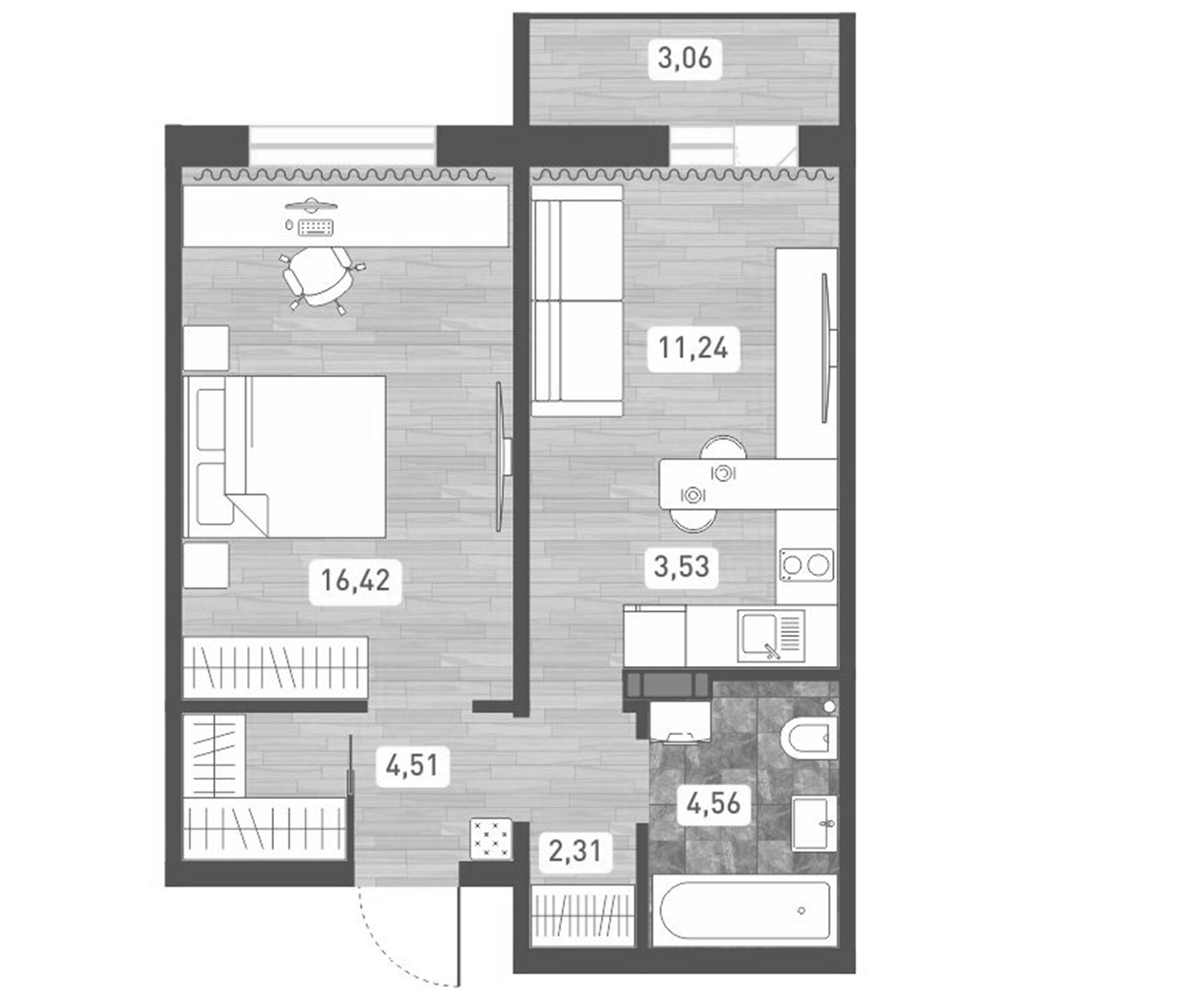 Планировка — Радуга Сибири, 2-комн., 43 м²
