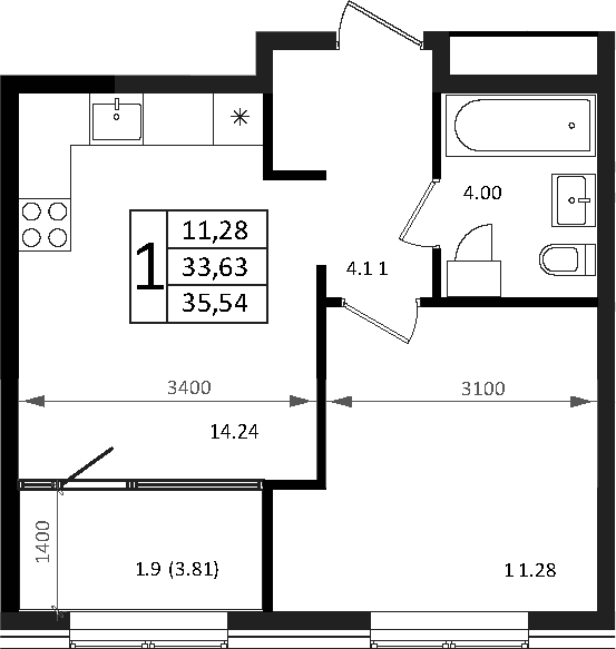 Планировка — Патрики, 2-комн., 34 м²