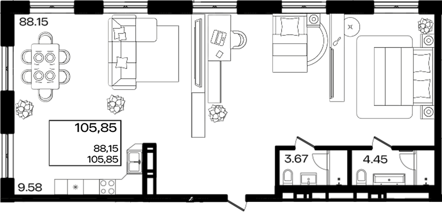 Планировка — Патрики, 1-комн., 106 м²