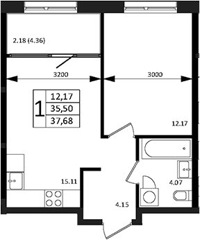 Планировка — Патрики, 2-комн., 36 м²