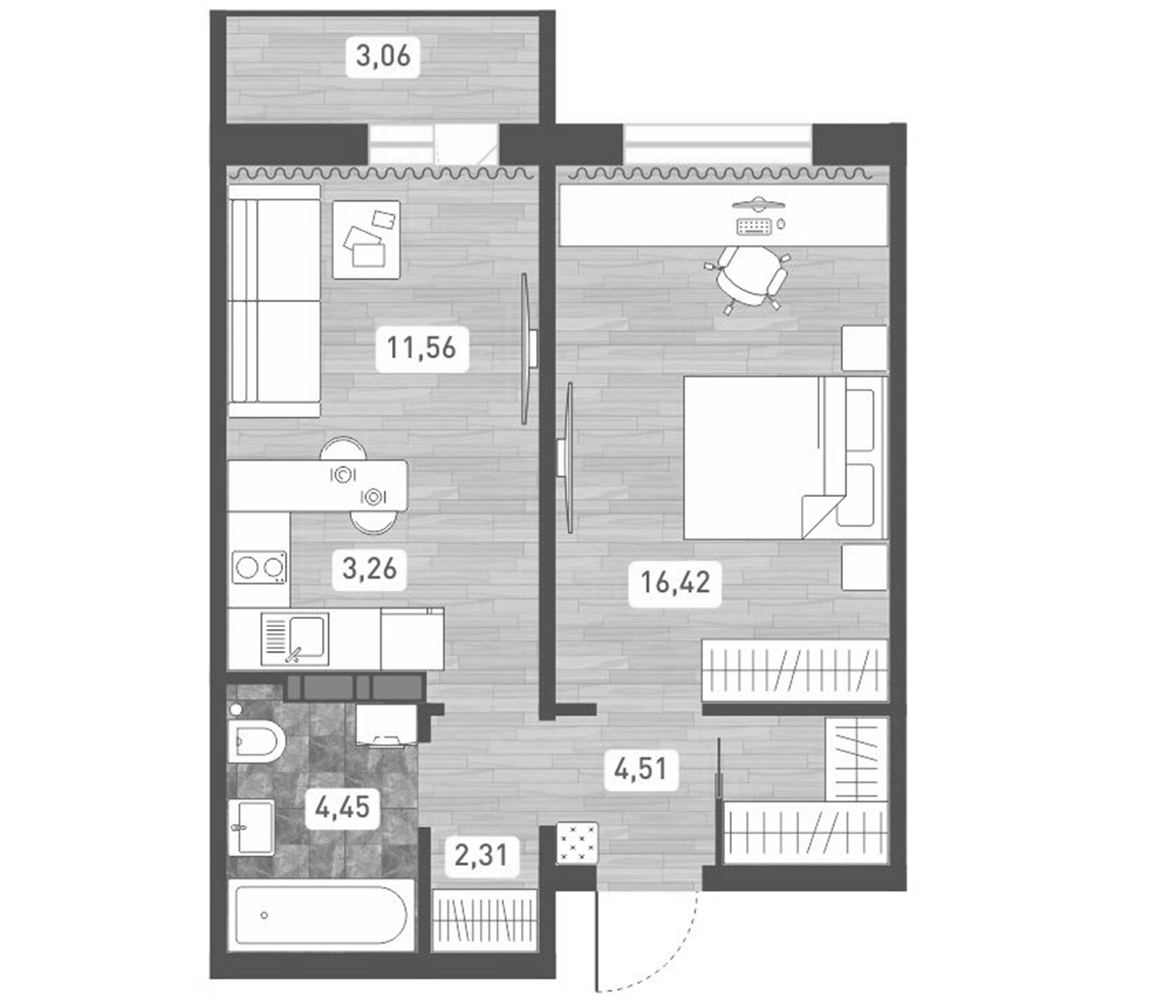 Планировка — Радуга Сибири, 2-комн., 43 м²