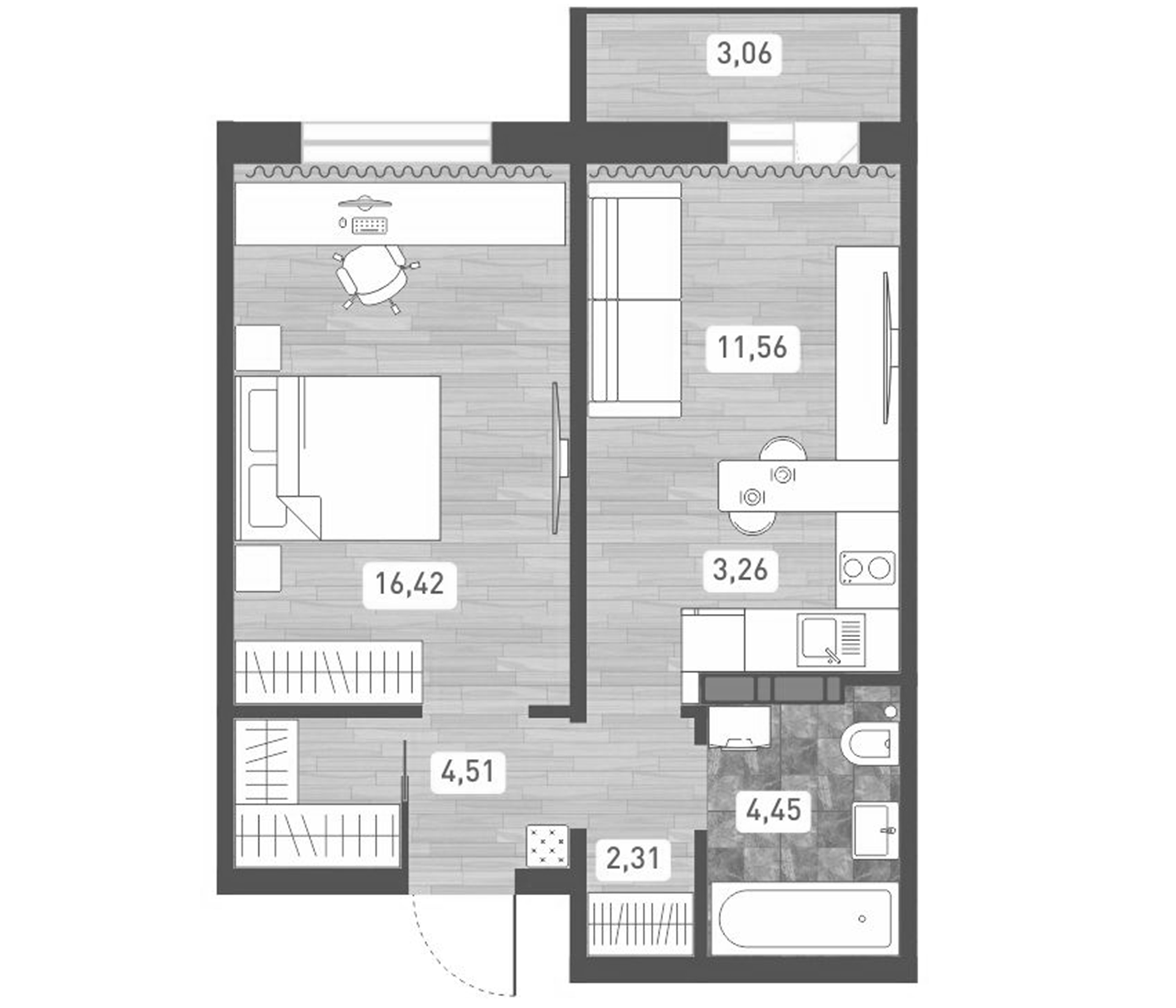 Планировка — Радуга Сибири, 2-комн., 43 м²