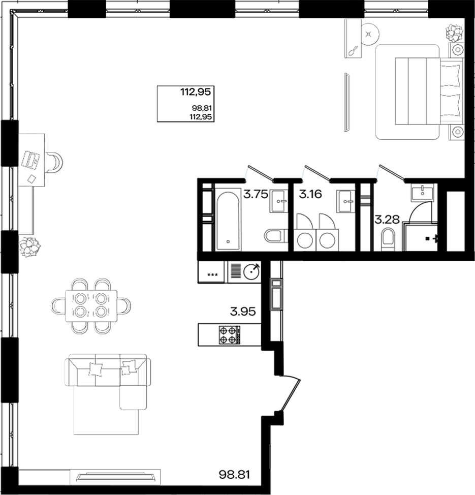 Планировка — Патрики, 1-комн., 113 м²