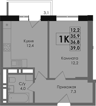 Планировка — Academia, 1-комн., 36 м²