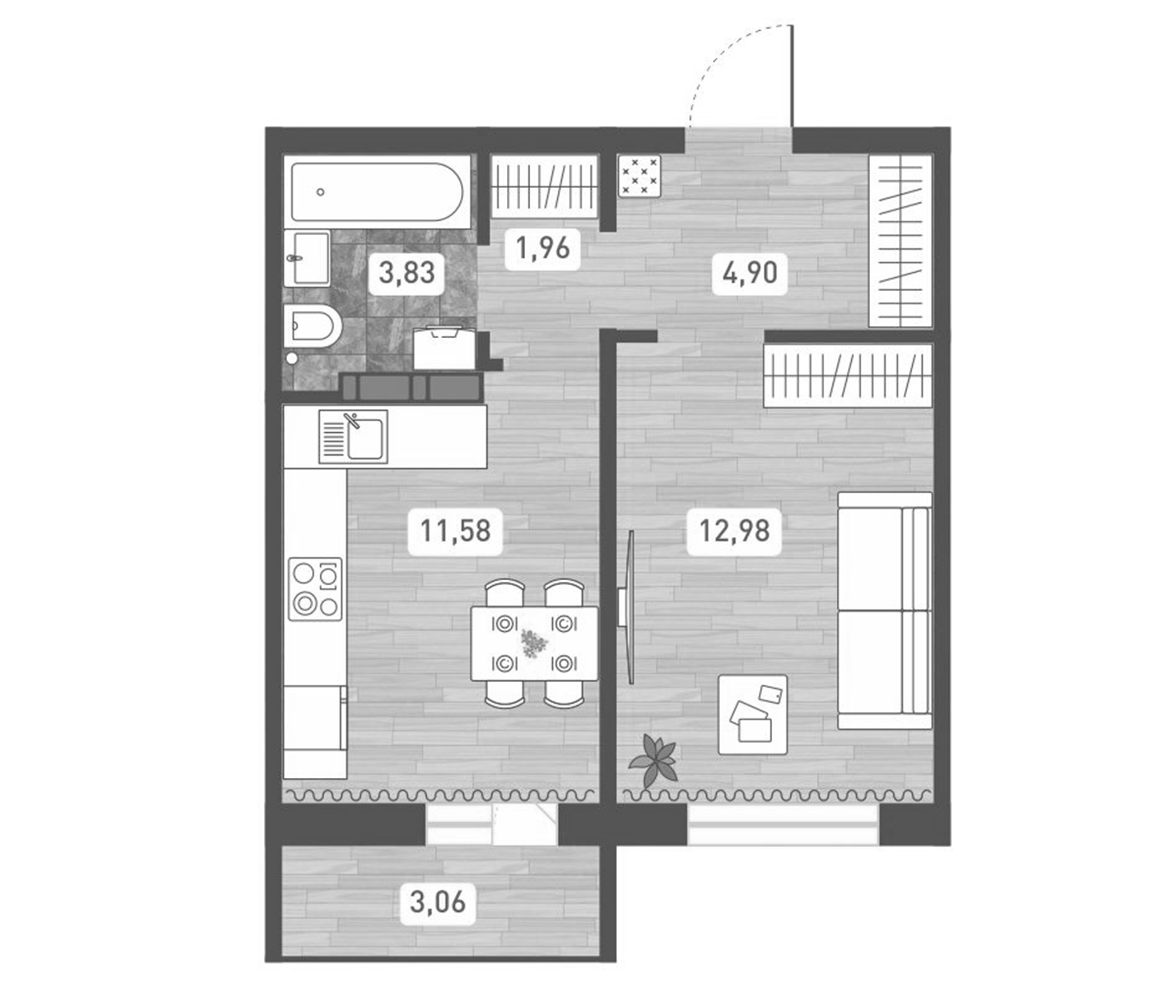 Планировка — Радуга Сибири, 1-комн., 35 м²