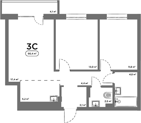 Планировка — Авеню на Выборной, 3-комн., 62 м²
