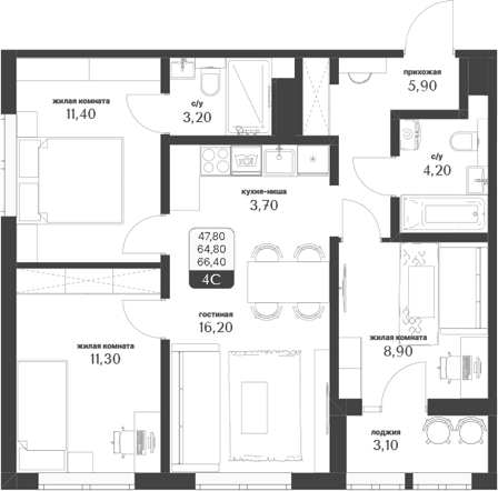 Планировка — Тимирязевский парк, 4-комн., 65 м²