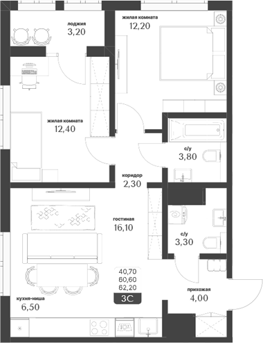 Планировка — Тимирязевский парк, 3-комн., 61 м²