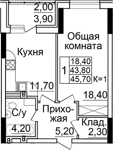 Планировка — Созвездие, 1-комн., 42 м²