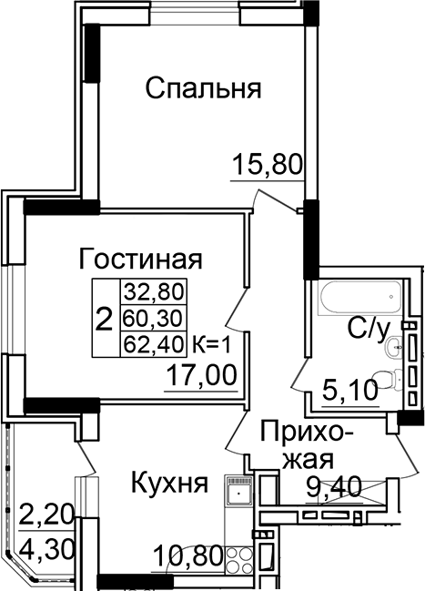 Планировка — Созвездие, 2-комн., 58 м²