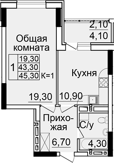 Планировка — Созвездие, 1-комн., 41 м²