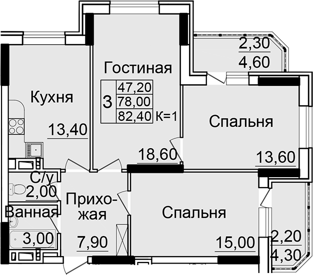 Планировка — Созвездие, 3-комн., 74 м²