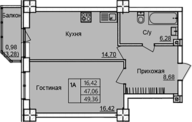 Планировка — Созвездие, 1-комн., 46 м²