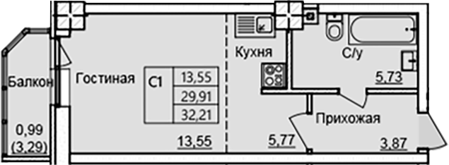 Планировка — Созвездие, Студия, 29 м²