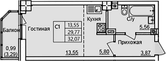 Планировка — Созвездие, Студия, 29 м²