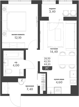 Планировка — Тимирязевский парк, 2-комн., 43 м²