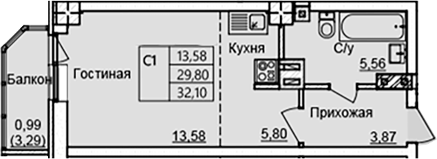Планировка — Созвездие, Студия, 29 м²