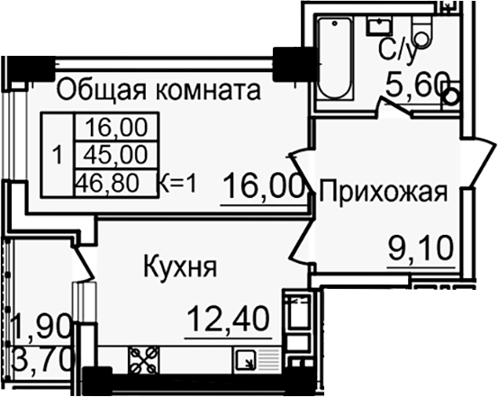 Планировка — Созвездие, 1-комн., 43 м²