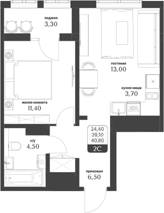 Планировка — Тимирязевский парк, 2-комн., 39 м²