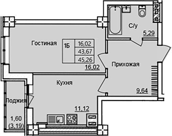Планировка — Созвездие, 1-комн., 42 м²
