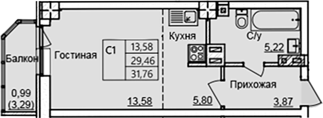 Планировка — Созвездие, Студия, 28 м²