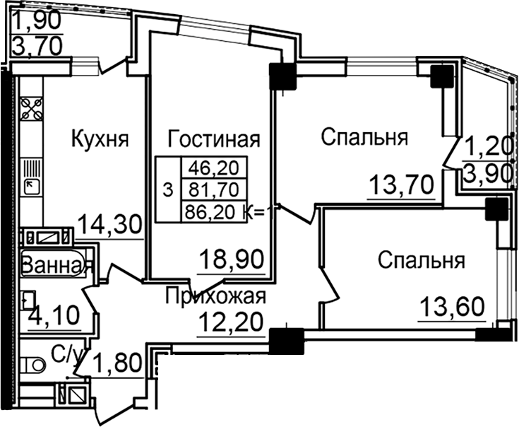 Планировка — Созвездие, 3-комн., 79 м²