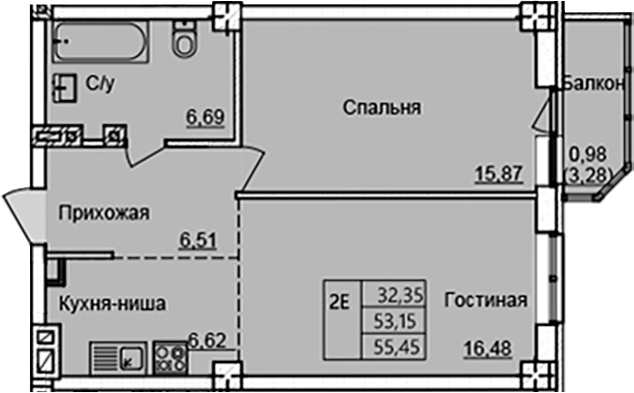 Планировка — Созвездие, 2-комн., 52 м²