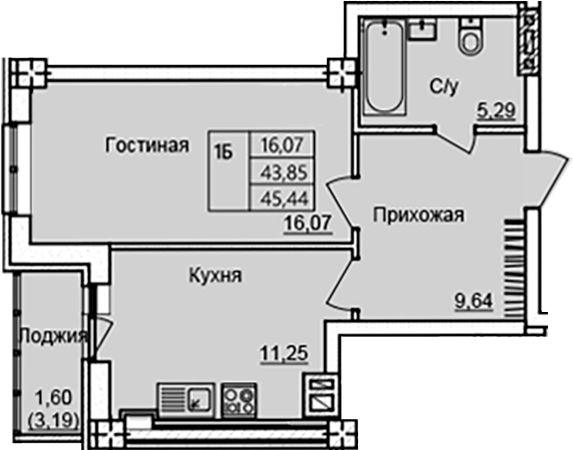 Планировка — Созвездие, 1-комн., 42 м²