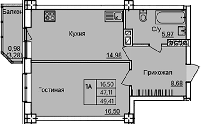 Планировка — Созвездие, 1-комн., 46 м²