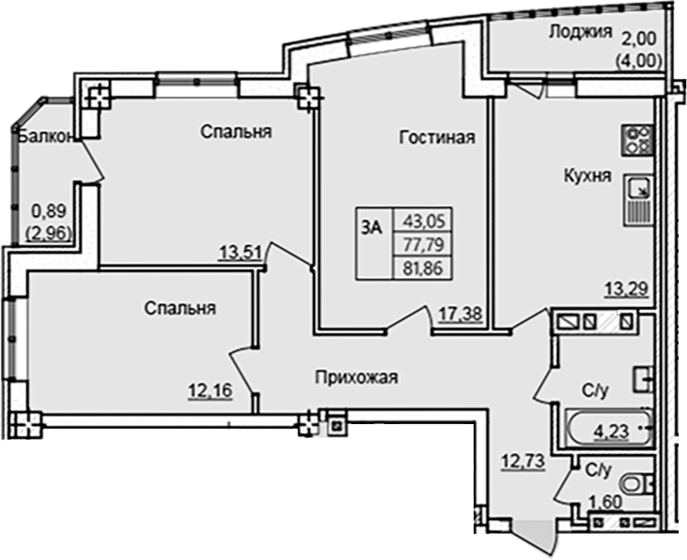 Планировка — Созвездие, 3-комн., 75 м²