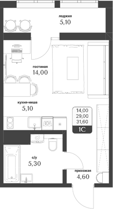Планировка — Тимирязевский парк, Студия, 29 м²
