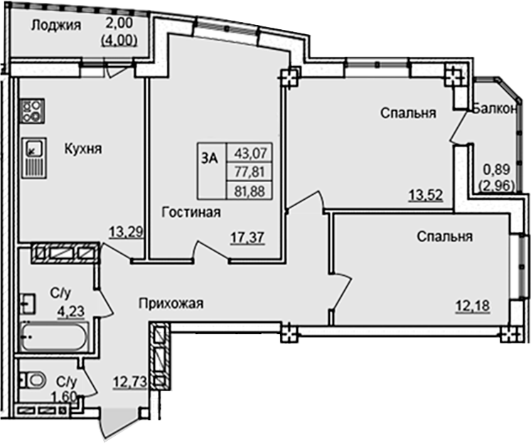 Планировка — Созвездие, 3-комн., 75 м²