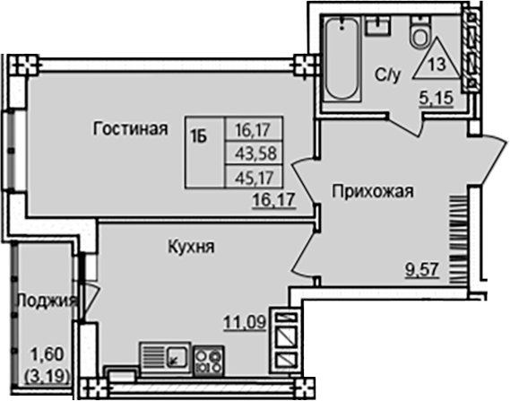 Планировка — Созвездие, 1-комн., 42 м²